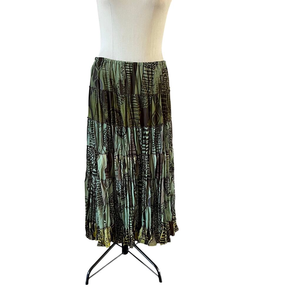 Y2K 2000s Green Brown Tiered Maxi Skirt Sz L Forest Fairy Goblincore Boho Grunge